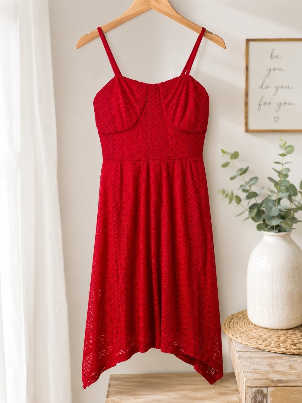 No Boundaries Red Lace Midi Dress Sweetheart Bustier Cami Slip Sundress Size M